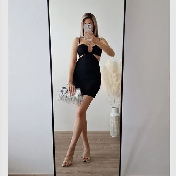 ZARA CUT OUT SHIMMERY DRESS BLACK - Picture 8 of 13